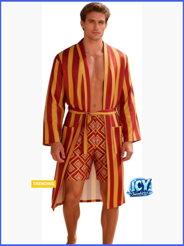 Men's 2 Piece Robe And Shorts Set Striped Geo Print Loungewear With Pockets